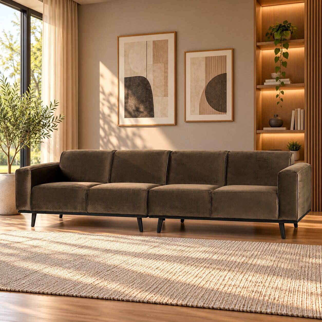 4-Sitzer Retro Couch in Taupe Samt - Valnut