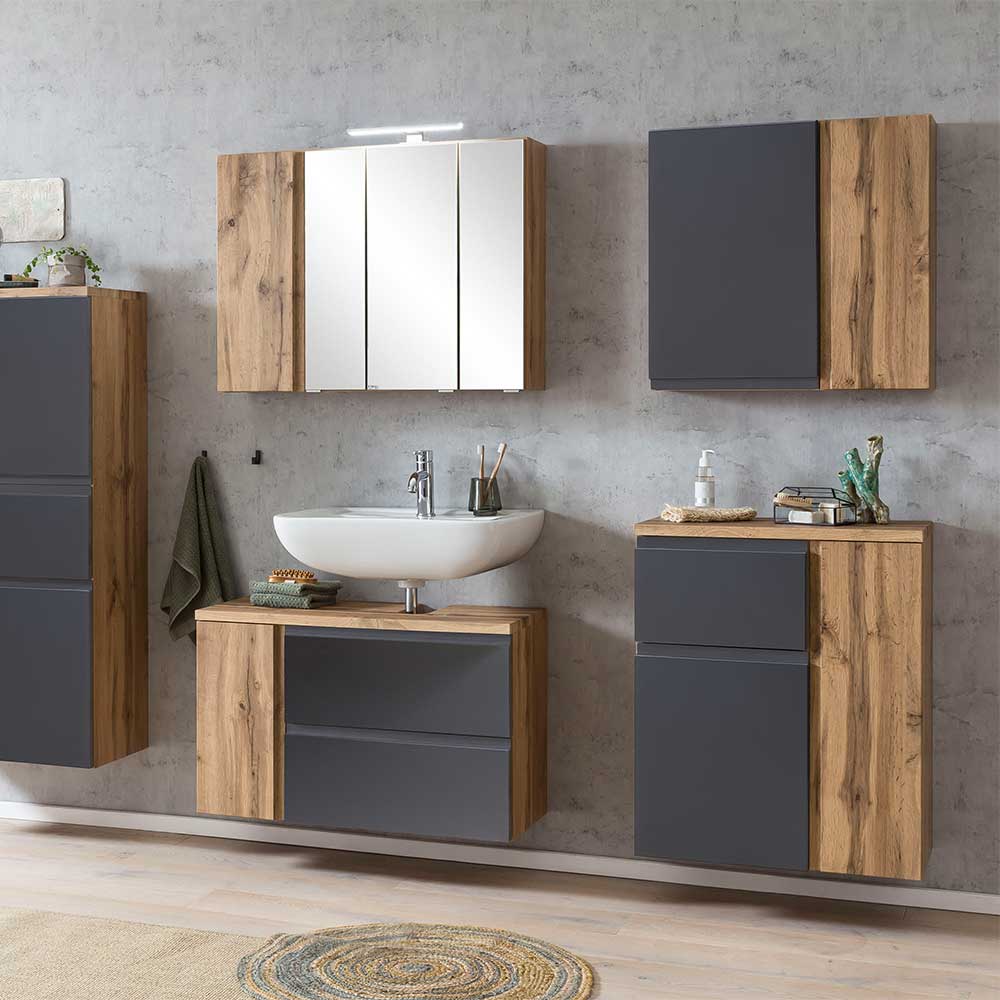 Modernes Badezimmer mit Waschtisch Unterschrank in Holzoptik und Anthrazit – Jambi