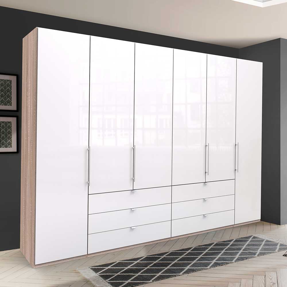 Großer Schlafzimmerkleiderschrank in Weiß Glas mit Holzakzenten und vielen Schubladen – Bosays