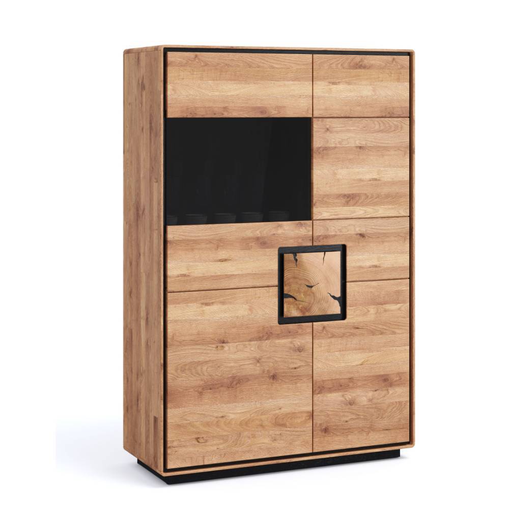 Vollholz Highboard Vitrine aus Wildeiche mit Glaseinsatz und einzigartigem Holz-Inlay – Shipper