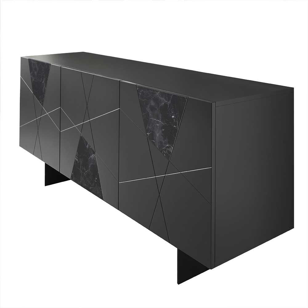 Elegantes 3-türiges Sideboard Schwarz mit Marmor Details und geometrischer Struktur für Esszimmer – Wakes