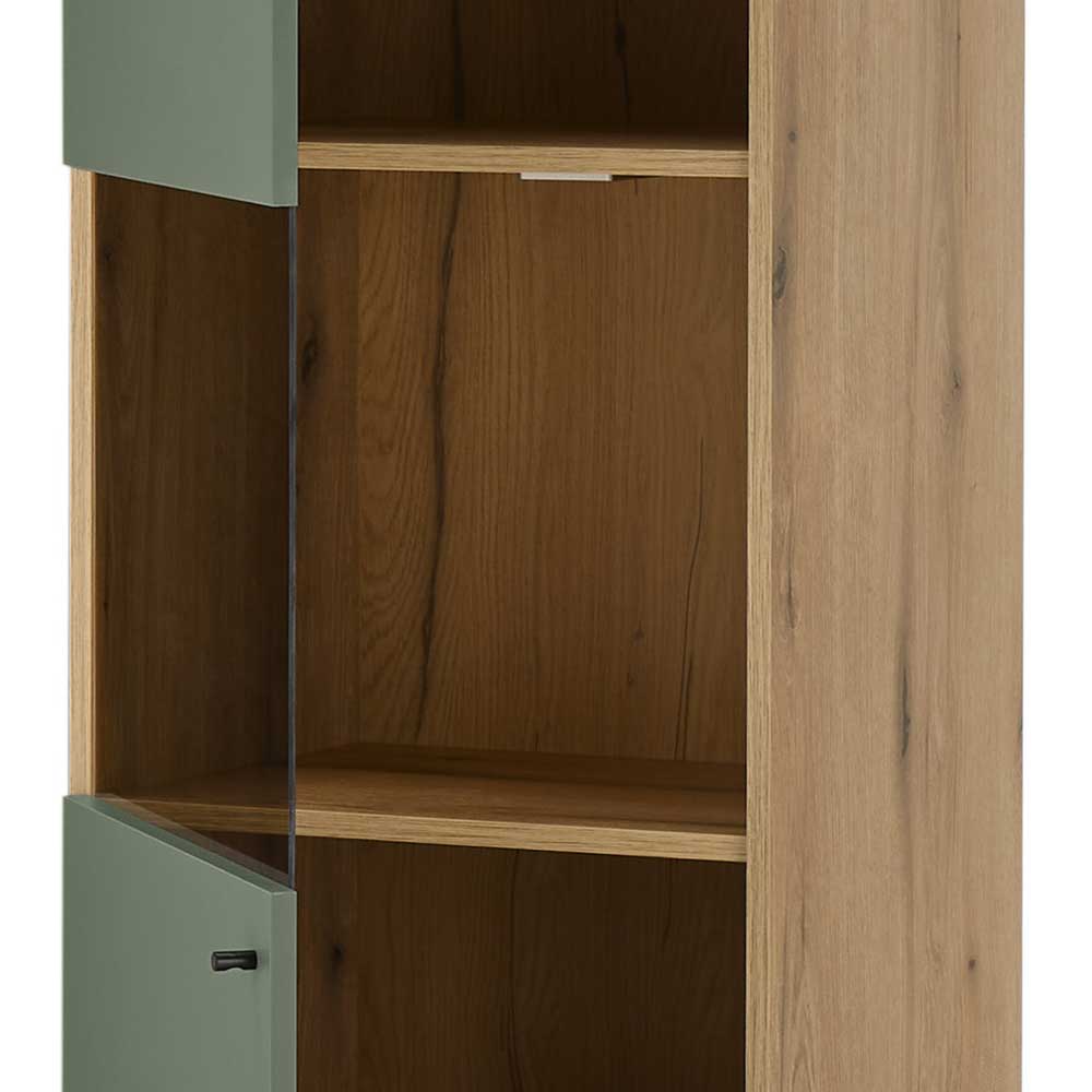 Vitrinenschrank in Graugrün mit Wildeiche - Oliva