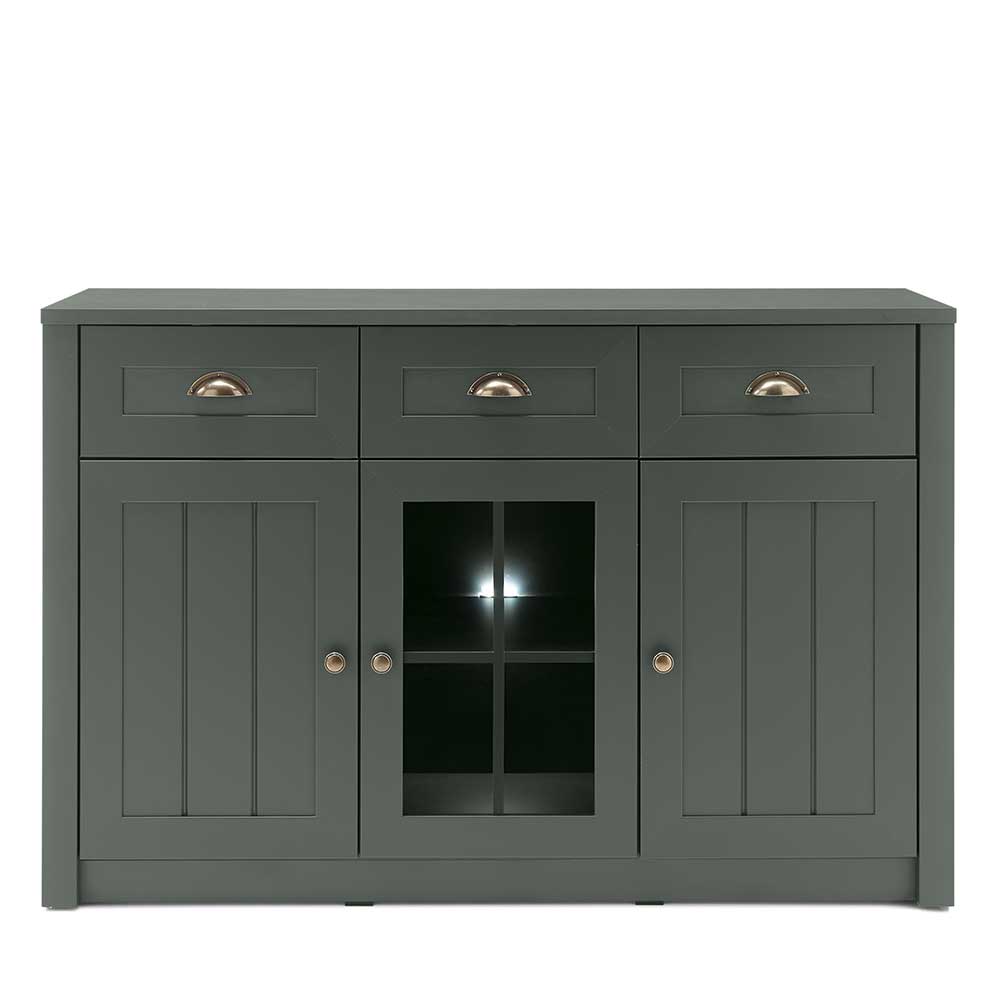 Dunkelgrünes Landhaus Sideboard mit drei Schubladen und einer Vitrinentür – Niestov