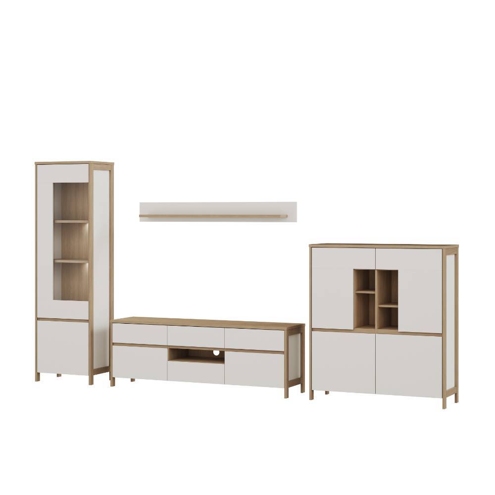 Vierteilige Skandi-TV-Wohnwand Kombi mit Vitrine, TV-Element, Highboard und Wandregal – Ovidio