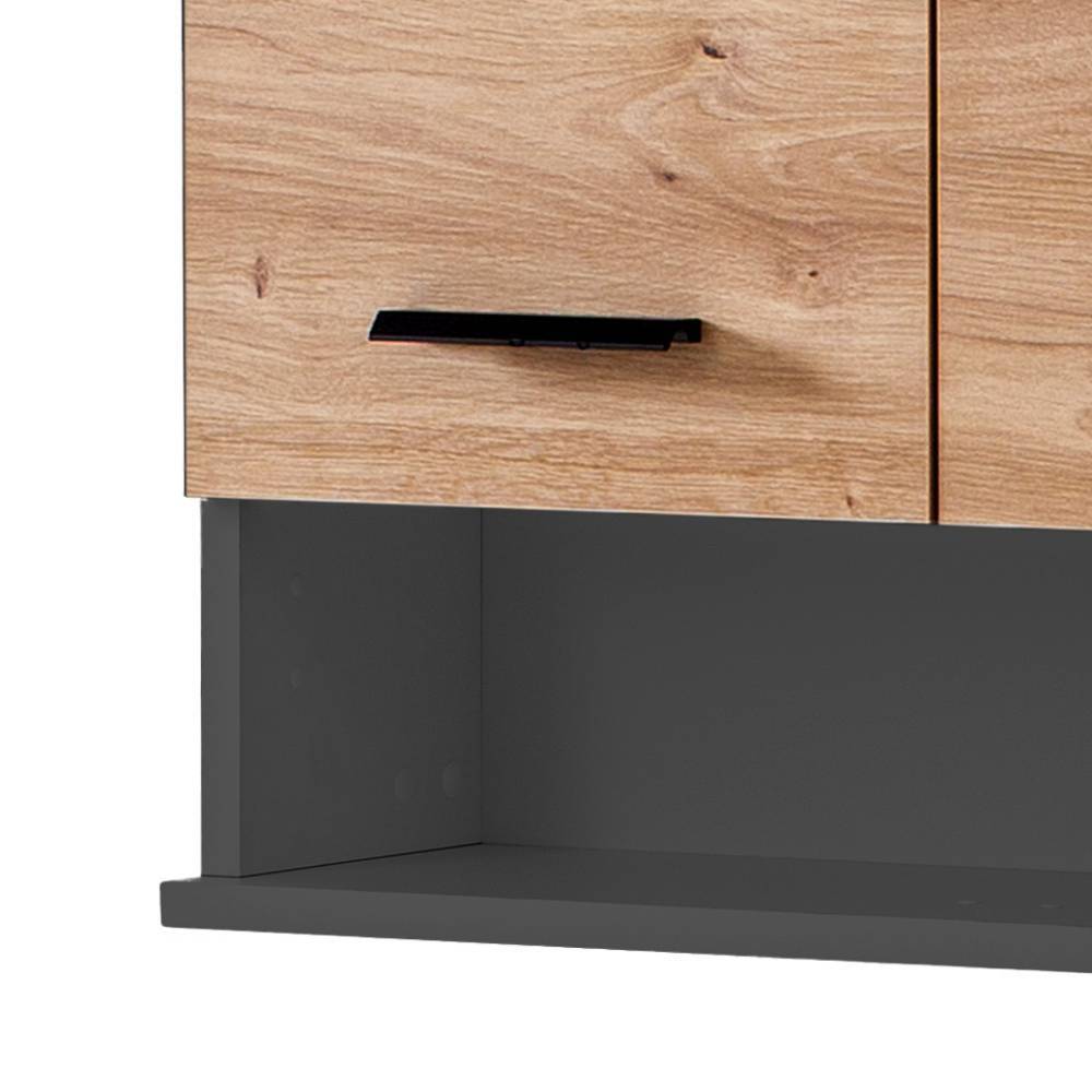 Oberschrank mit Holztür und schwarzem Griff, offenes Ablagefach darunter – Plicardo