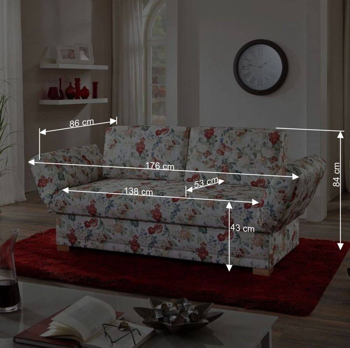 176x84x86 Landhaus Schlafsofa mit Blumen - Daniele