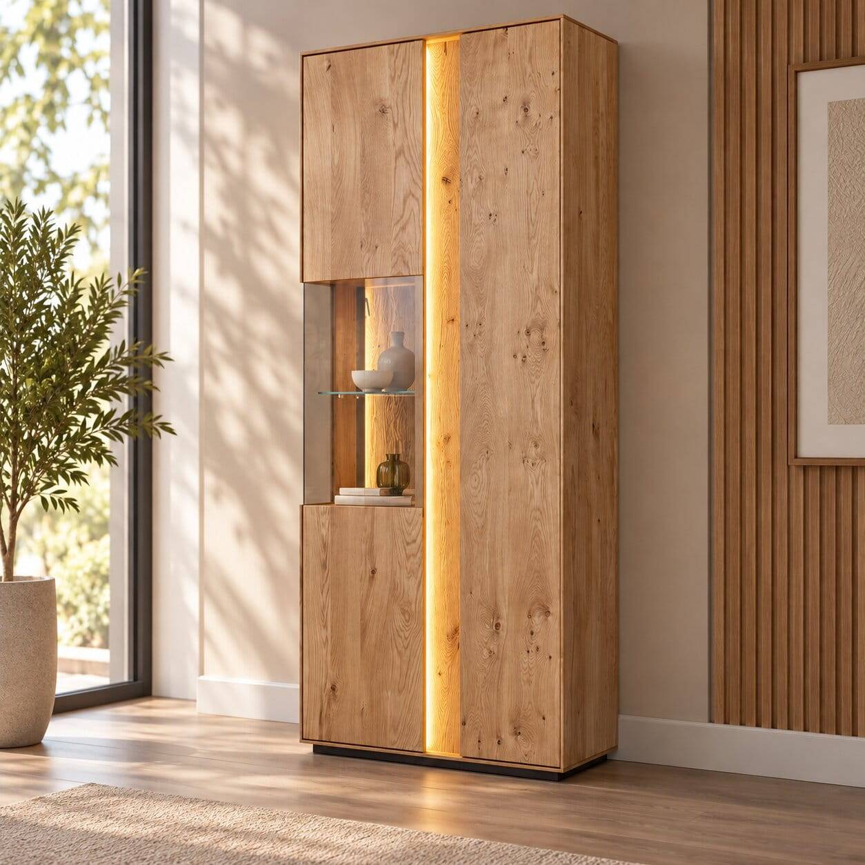Holzfarbener Vitrinenschrank mit LED-Beleuchtung und Glastür, perfekt als Stauraum im Wohnzimmer – Cocondar