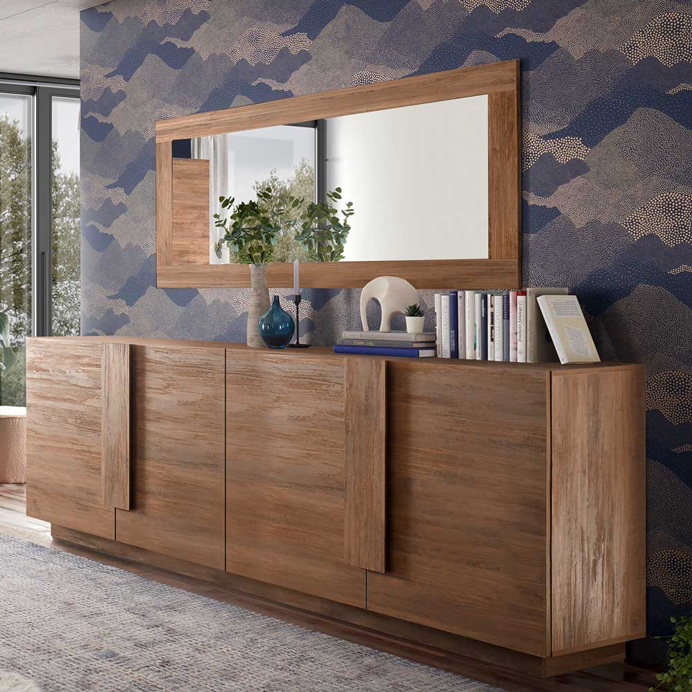 Modernes Sideboard in Natur Holzoptik mit vier geschlossenen Türen und eleganten Akzentleisten – Basento