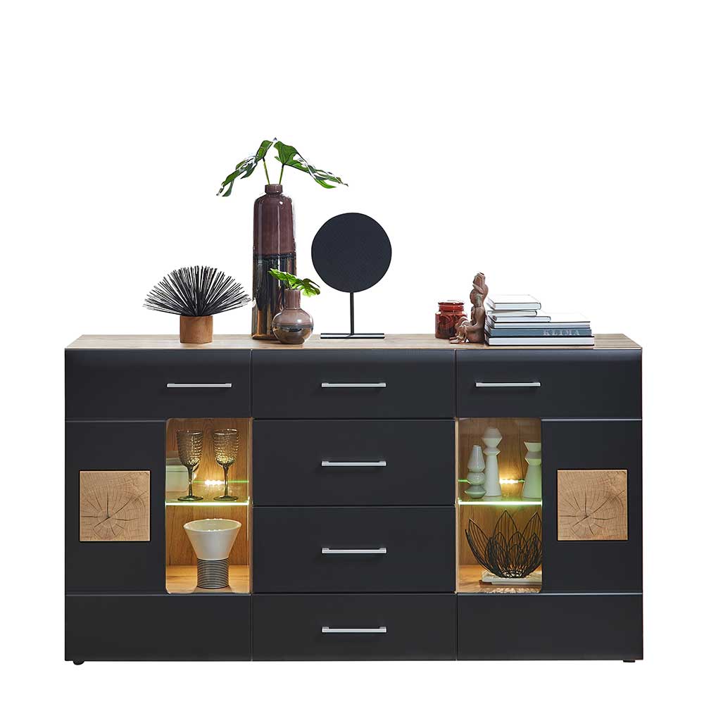 170x93x40 Sideboard mit Glas in Schwarz & Wildeiche - Kandu