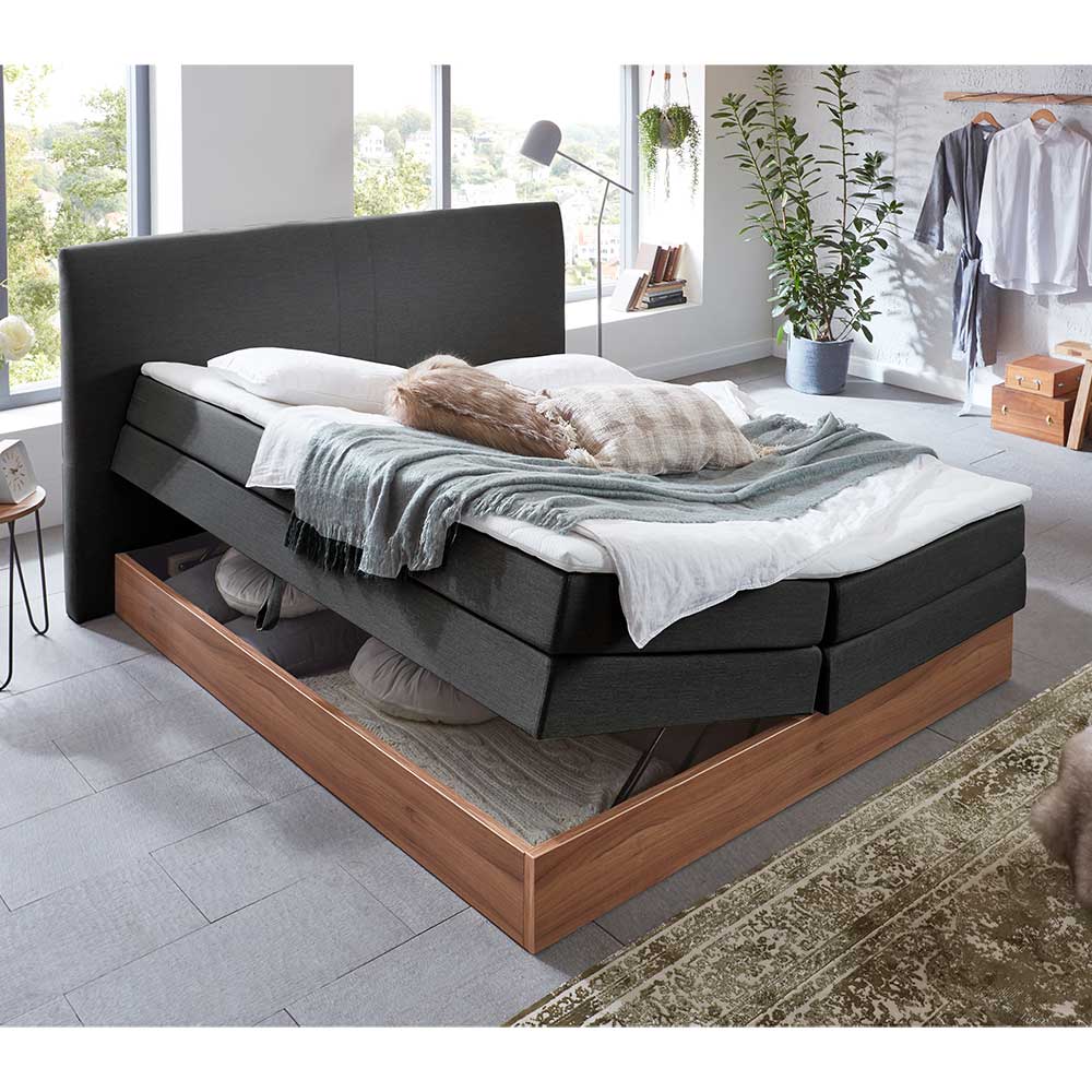 Boxbett mit Stauraum in Anthrazit & Walnuss - Pitta