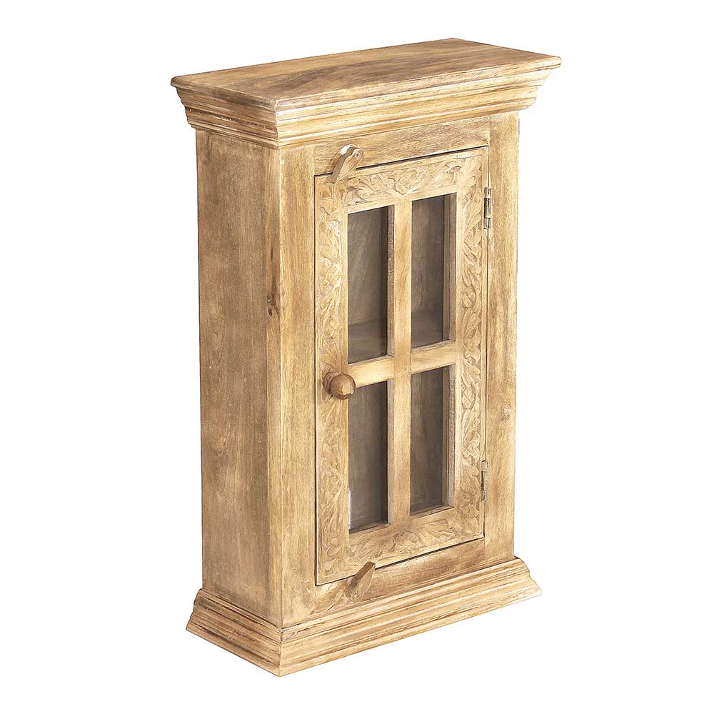 Vintage Badezimmerschrank aus hellem Mangoholz mit Schnitzereien und Glastür – Runiasa
