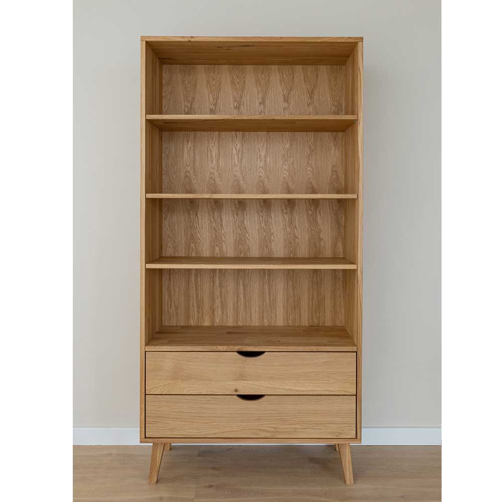 Holzregal mit zwei Schubladen, schlichtes Design, Frontansicht – Fabijola