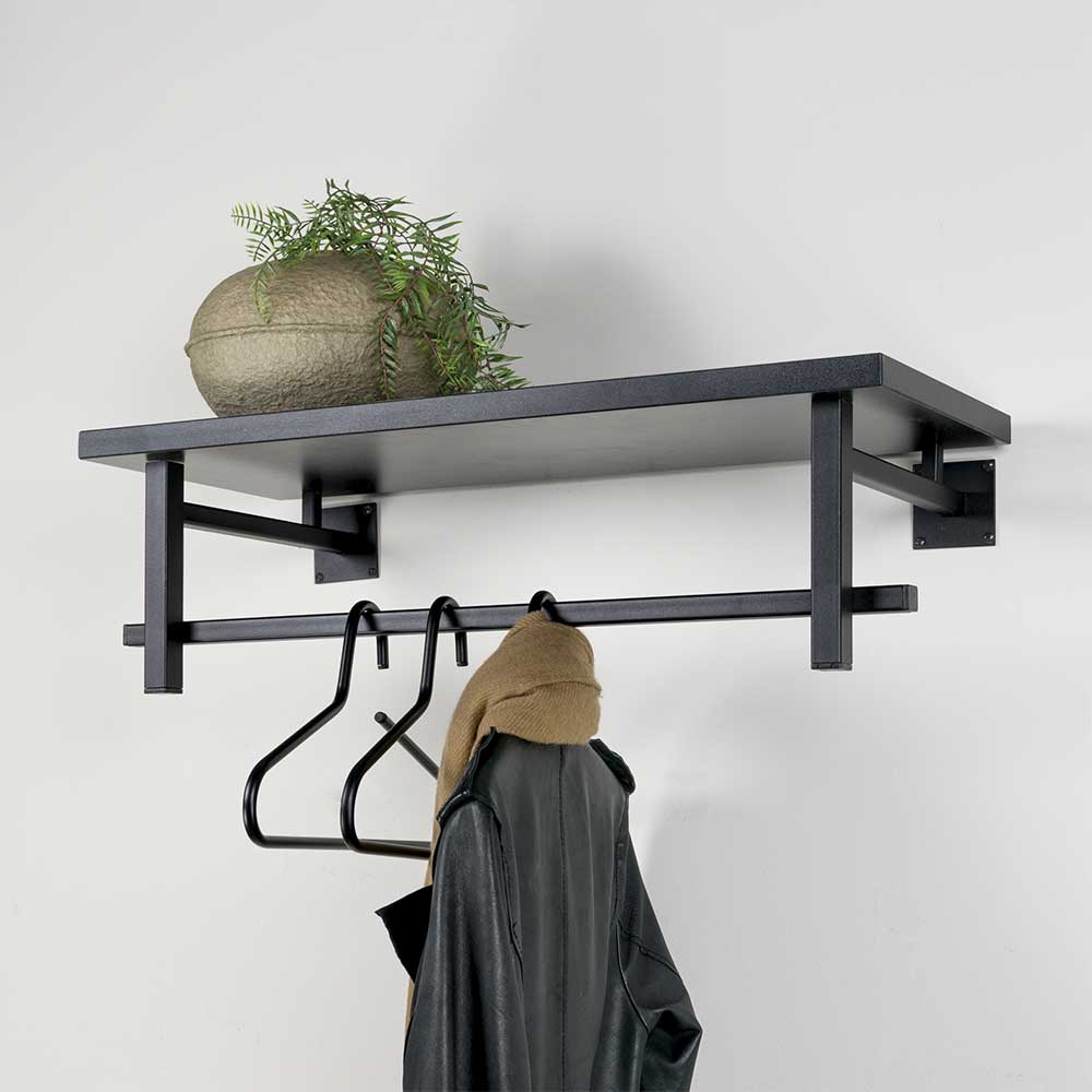 Schwarze moderne Wandgarderobe mit Hutablage und Kleiderstange für Jacken und Mäntel – Unesc