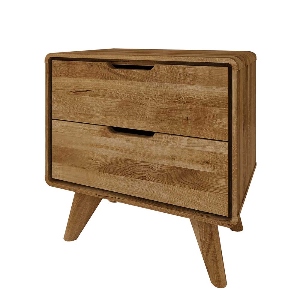 Freigestellte Holz Nachtkommode mit zwei Schubfächern und konisch zulaufenden Füßen – Eavy