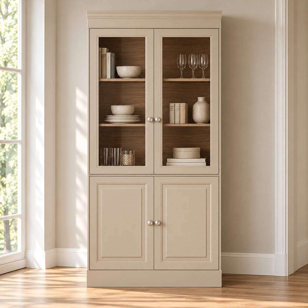 Vitrinenschrank in Hellgrau mit Braun - Floressa