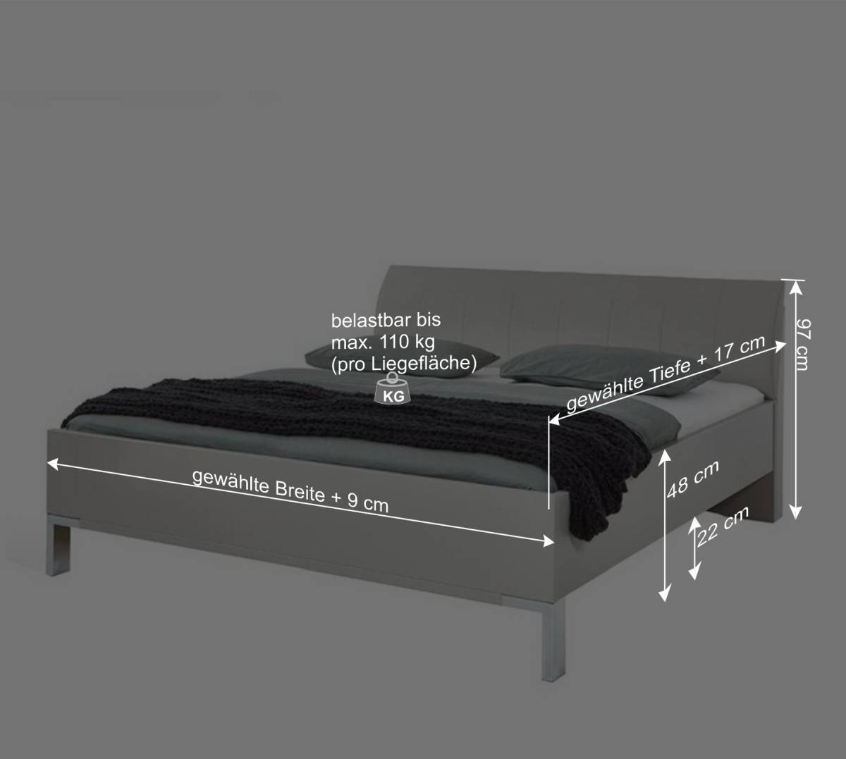 Modernes Designbett in hellem Grau - Nucina