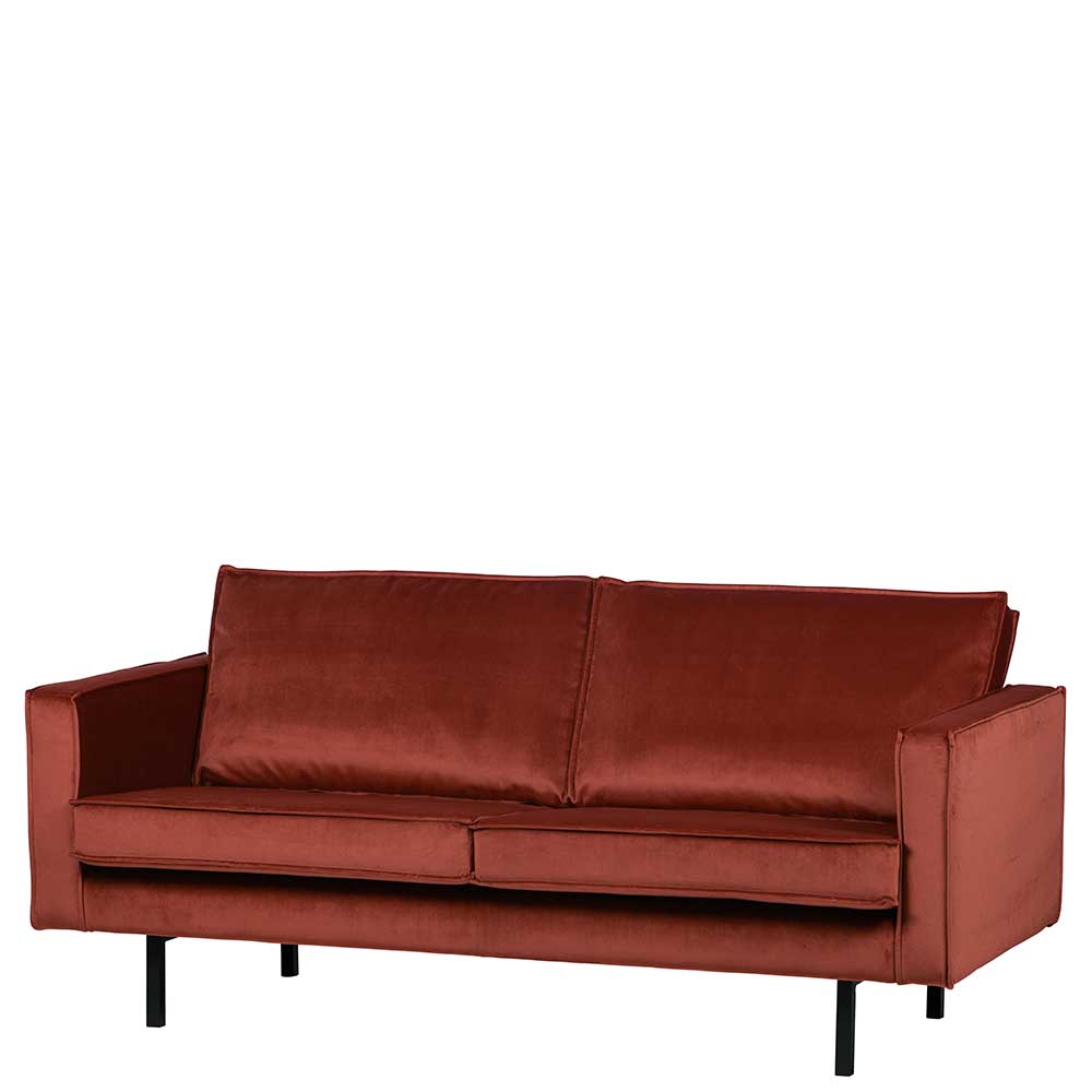 Elegante rotbraune 2er Samtcouch mit schwarzen Metallfüßen in Retro Design für Wohnzimmer – Enzing