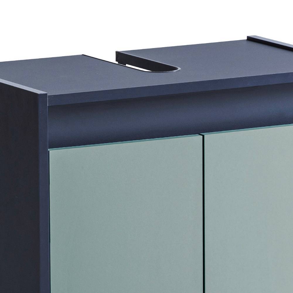 Oberer Bereich eines dunkelblauen Waschbeckenunterschranks mit Siphonausschnitt und geschlossenen Türen – Emily