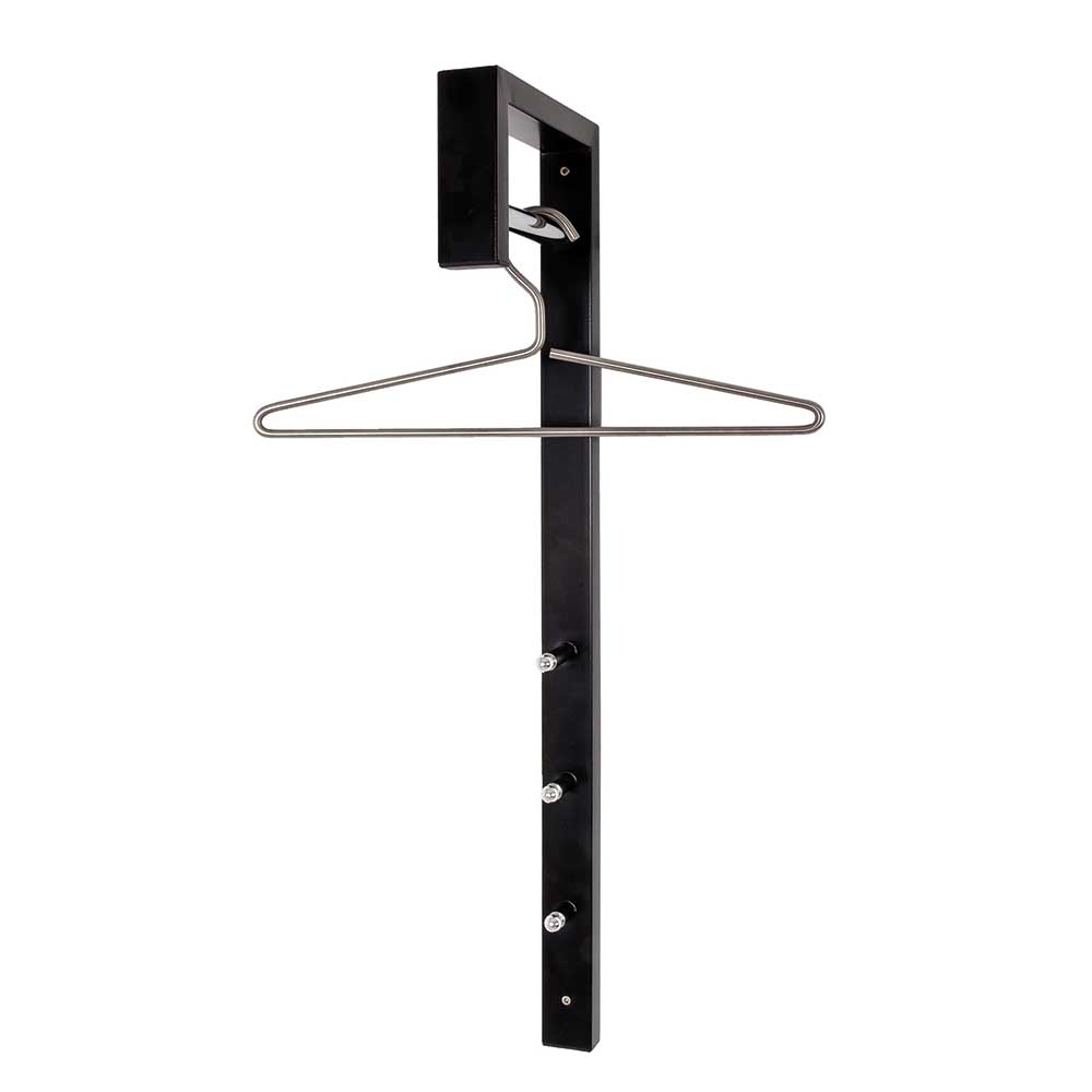Schmale schwarze Wandgarderobe mit obenliegendem Bügelhalter und kleinen Kleiderhaken – Jamie