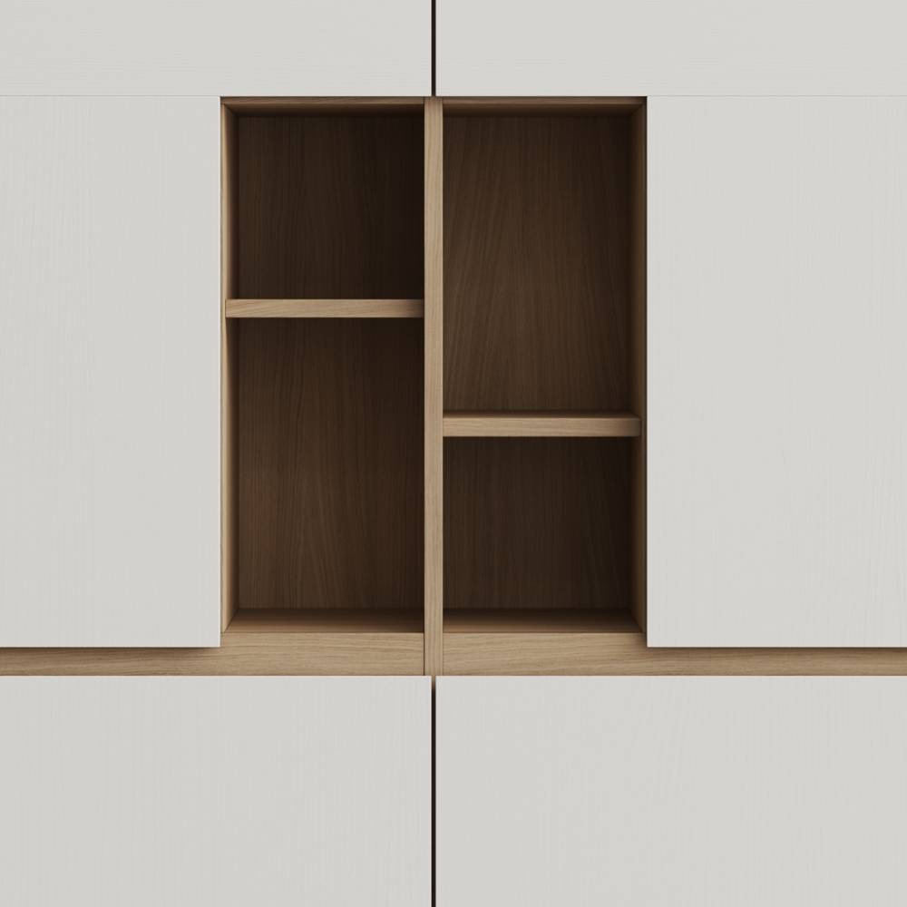 Detail der offenen Regalfächer in heller Holzoptik des Wohnzimmerschranks – Ovidio