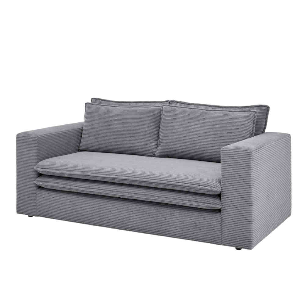 Grauer Cord Zweisitzer Sofa mit breiten Armlehnen und zwei Rückenkissen – Ruffos