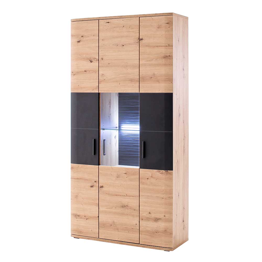 Moderne 3-türige Kombi-Vitrine in heller Holzoptik mit dunklen Akzenten und Glasfach – Vecenda