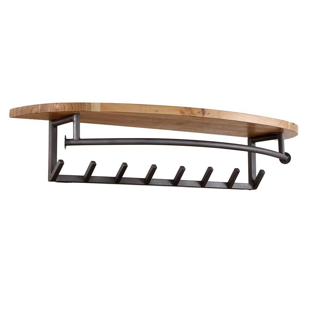 Elegante Wandgarderobe aus Akazie Massivholz mit dunkler Metallstange und sieben Haken – Hasting