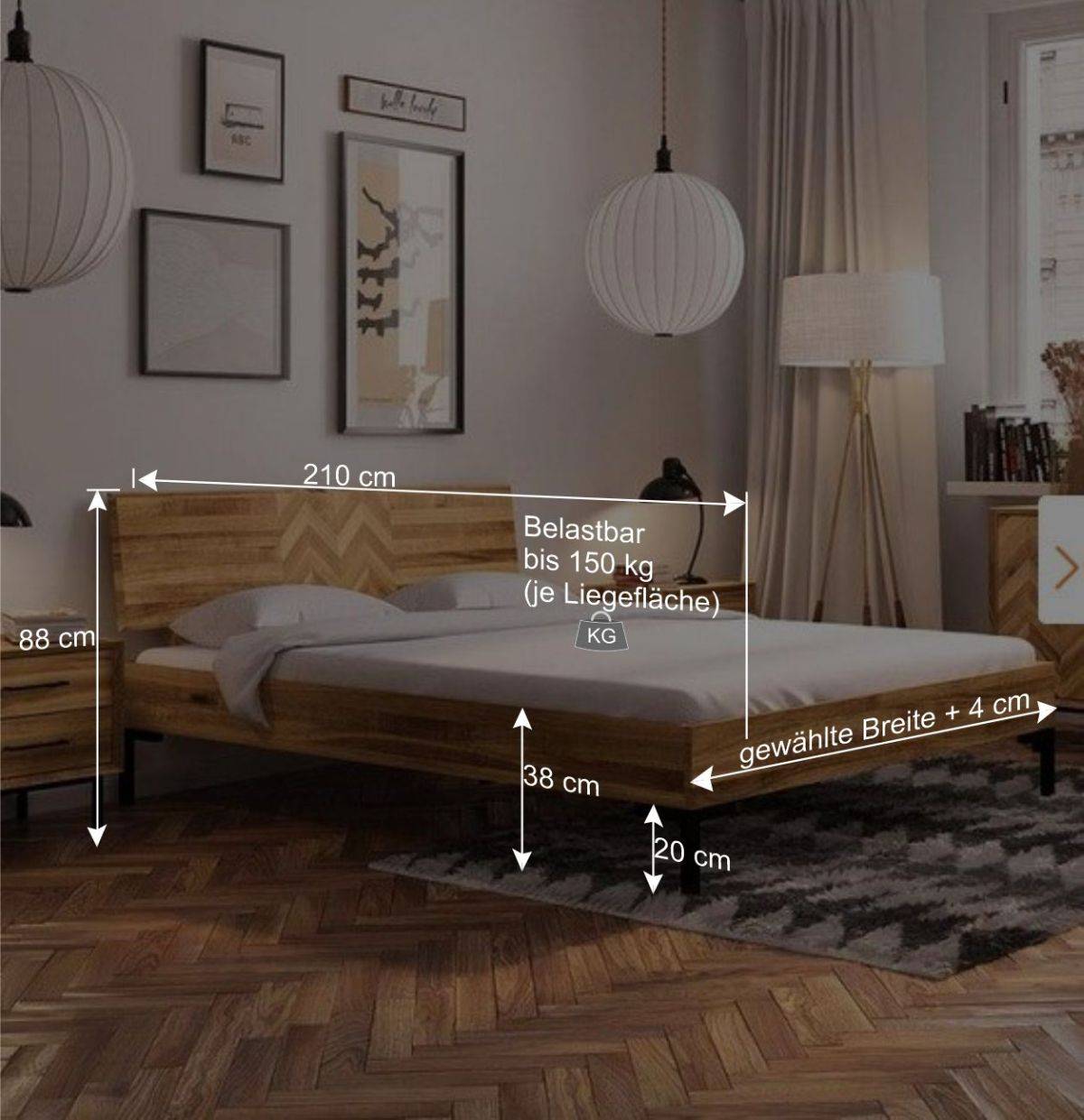 Wildeiche Bett mit Fischgrät Design Kopfteil - Kerfa
