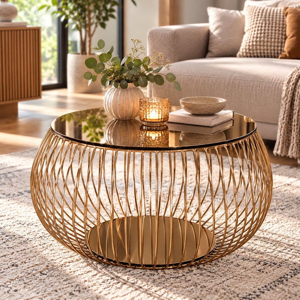 Couchtisch in Rosegold mit Glasplatte - Lelolenilia