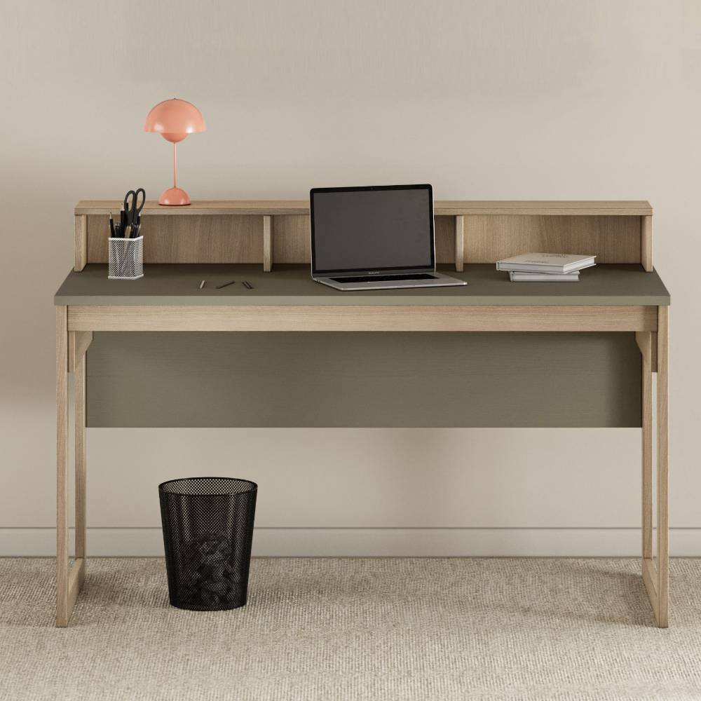 Moderner Schreibtisch mit integrierten Ablagefächern in Holz und mattem Grau-Grün für Home-Office – Promo