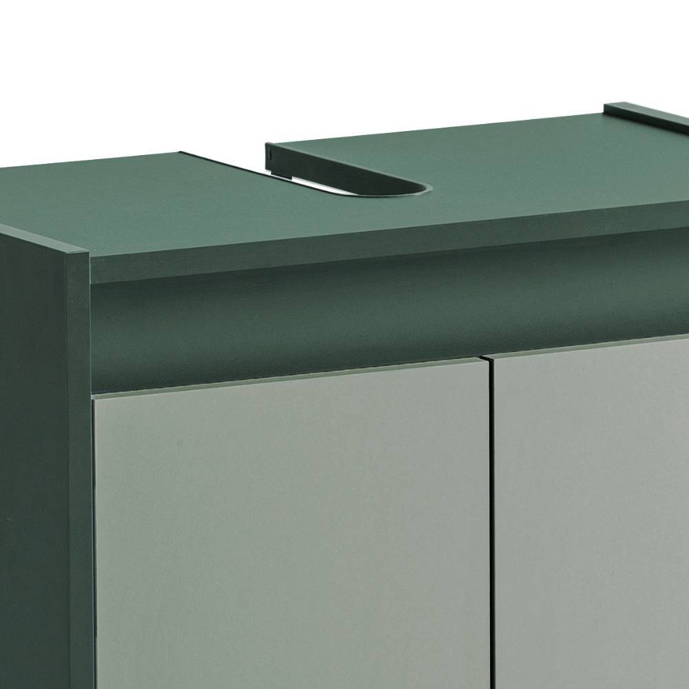Dunkelgrüner Badunterschrank mit Ausschnitt für Waschbecken und zwei hellgrauen Türen – Lictona