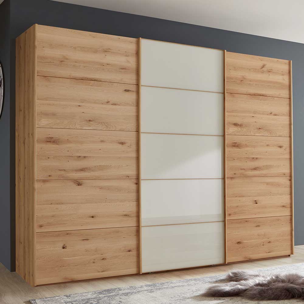 Schiebetüren-Kleiderschrank in Holzoptik mit beigen Glasfronten für das Schlafzimmer – Nikoba