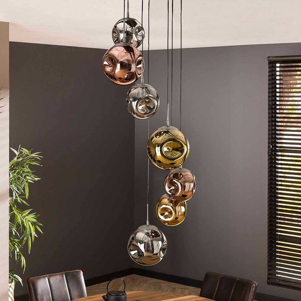 7-flammige Hängeleuchte mit Metallic Glasschirmen - Elizabeth