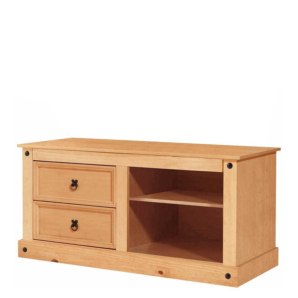 TV Board aus hellem Massivholz im mexikanischen Landhausstil mit zwei Schubladen und Ablagefläche – Garzone