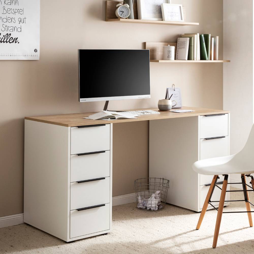 Moderner Schreibtisch Mattweiß Eiche hell für das Arbeitszimmer – Freedom