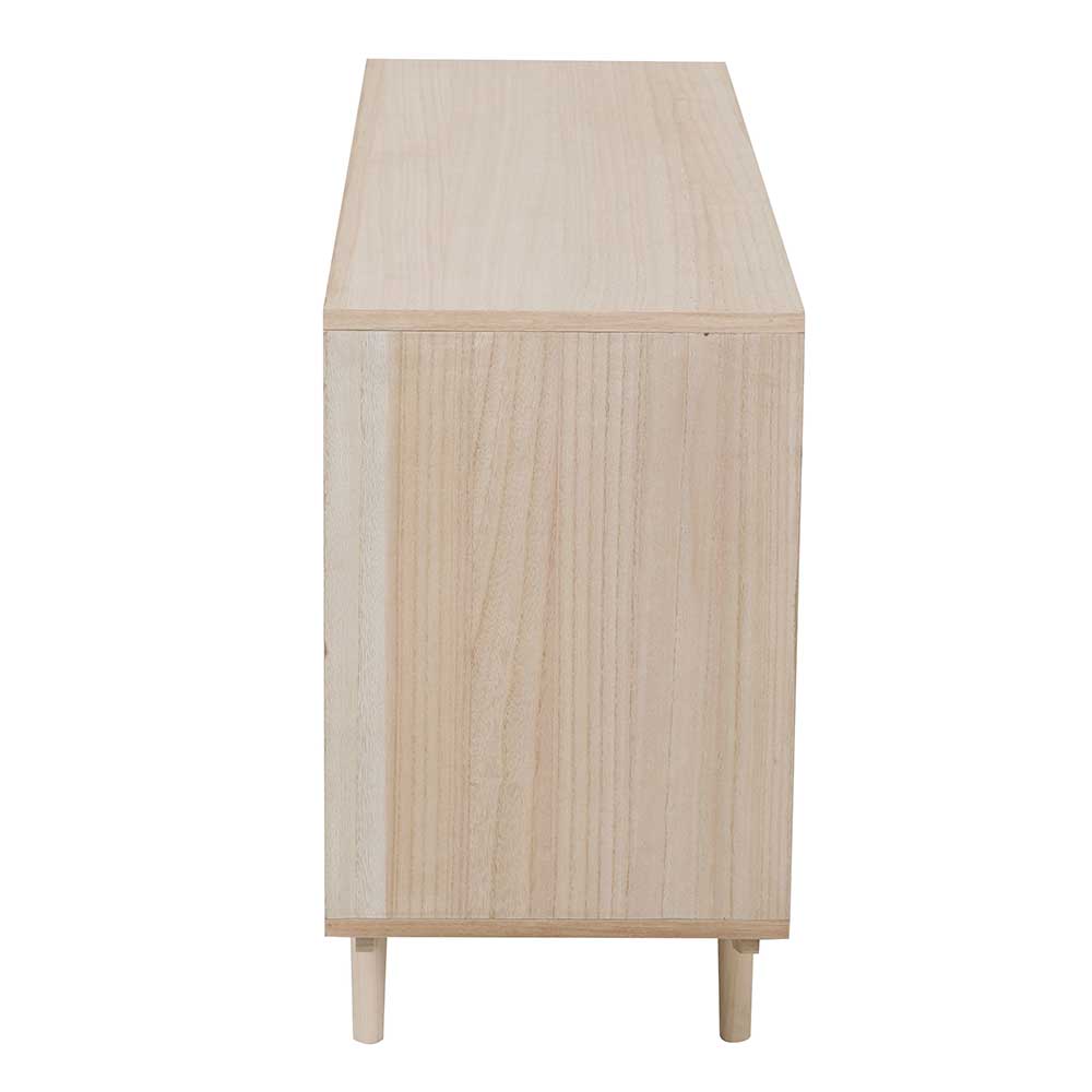 Seitenansicht der hellen Holzkommode mit schrägen Holzbeinen – Oncinasa