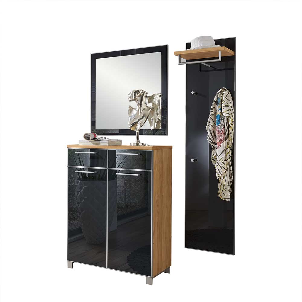 Dreiteiliges Flurmöbel Set mit Schuhschrank Garderobe und Spiegel in Anthrazit Glas – Lalaika
