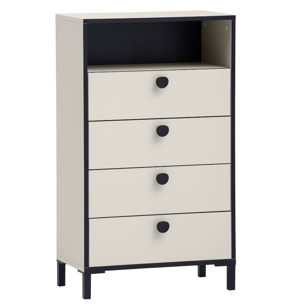 Schlanke Standkommode mit vier Schubladen und Ablagefach in Creme und Schwarz – New Orleans