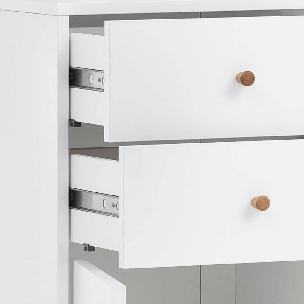 Badschrank mit zwei offenen Schubladen, Metallauszügen und runden Eichenholzgriffen – Anuta