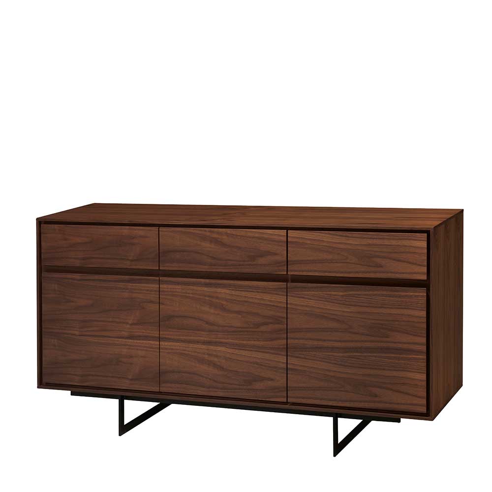 Elegantes Retro-Sideboard aus dunklem Holz mit sechs Fächern und schwarzem Bügelgestell – Frenanda