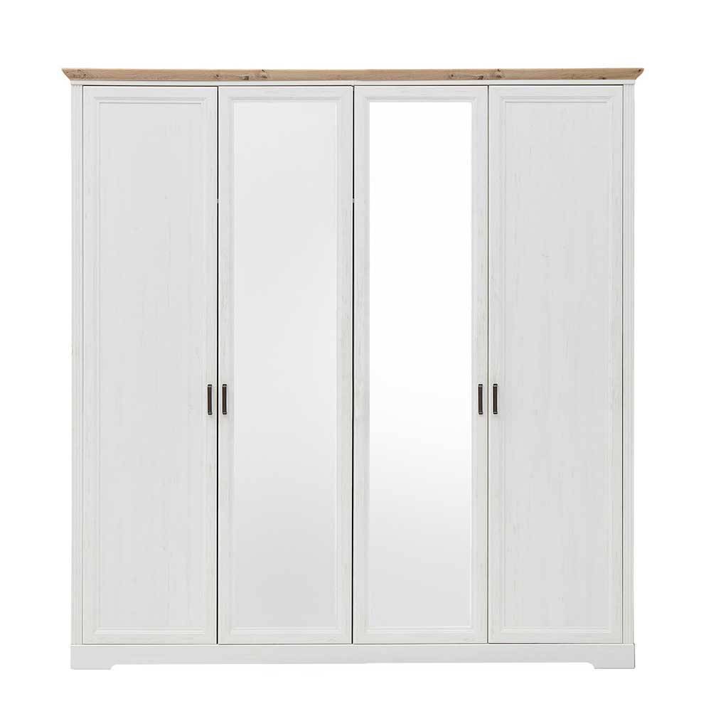 Weißer Kleiderschrank im Landhausstil mit vier Türen, zwei Spiegelfronten und Holzplatte – Maggio