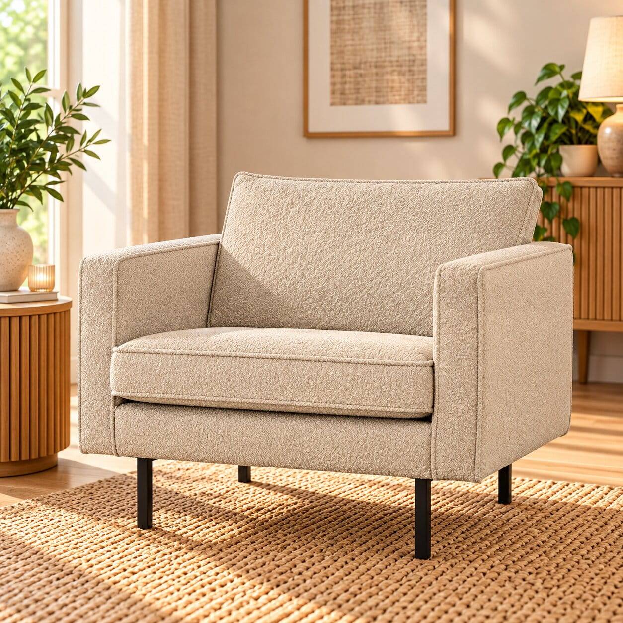Kantiger Sessel aus Boucle in Beige - Glamoure