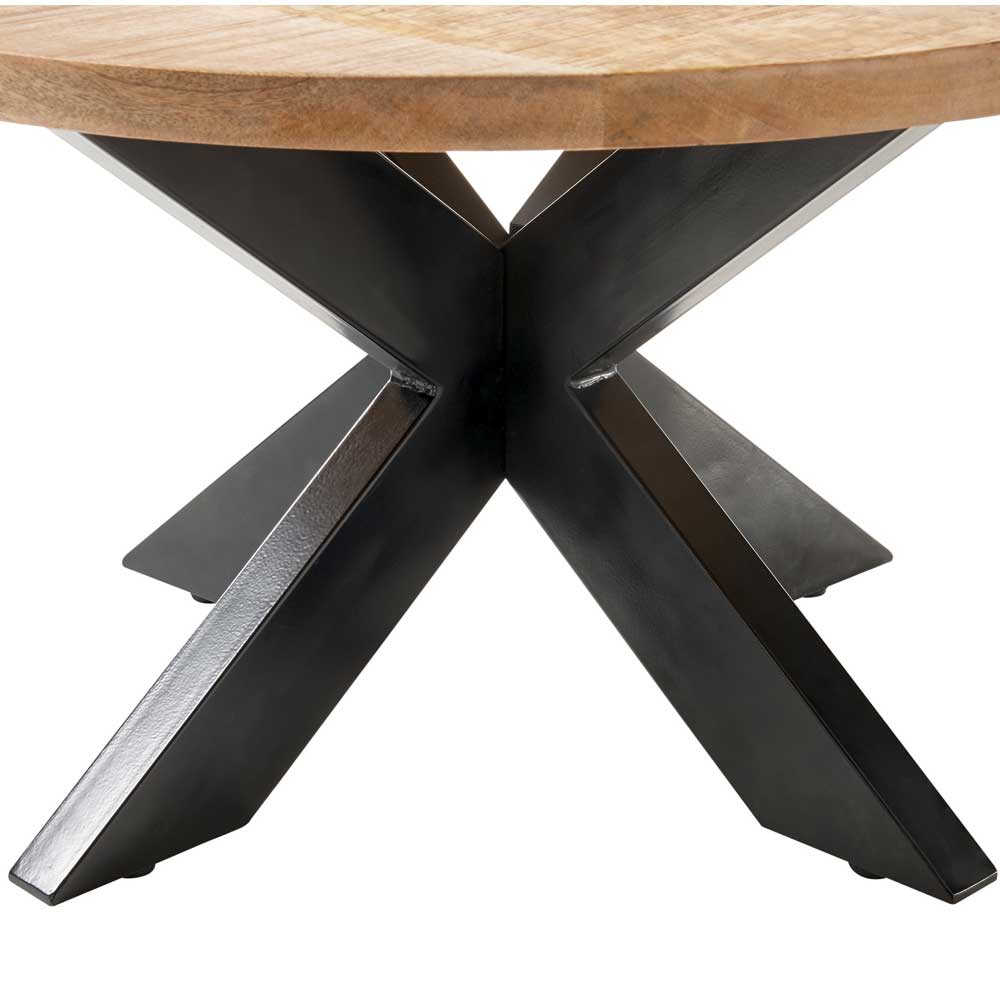 Runder Couchtisch mit robuster Holzplatte und markantem Doppel-X-Fuß aus schwarzem Metall – Prattlo