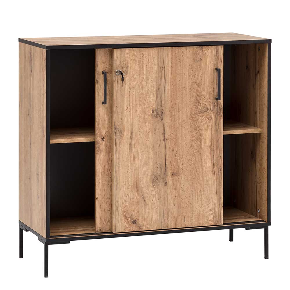 Home Office Schrank mit Schiebetüren in Holzoptik und schwarzem Metallgestell – Zustic
