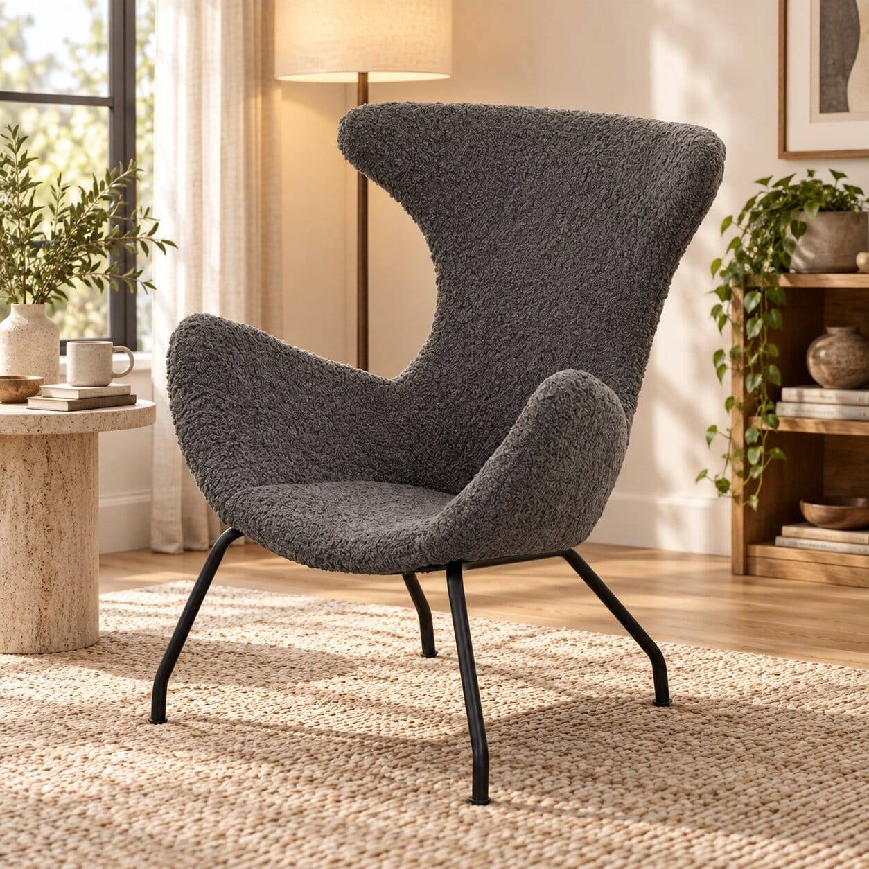 Stylischer Sessel mit grauem Plüsch bezogen - Simple