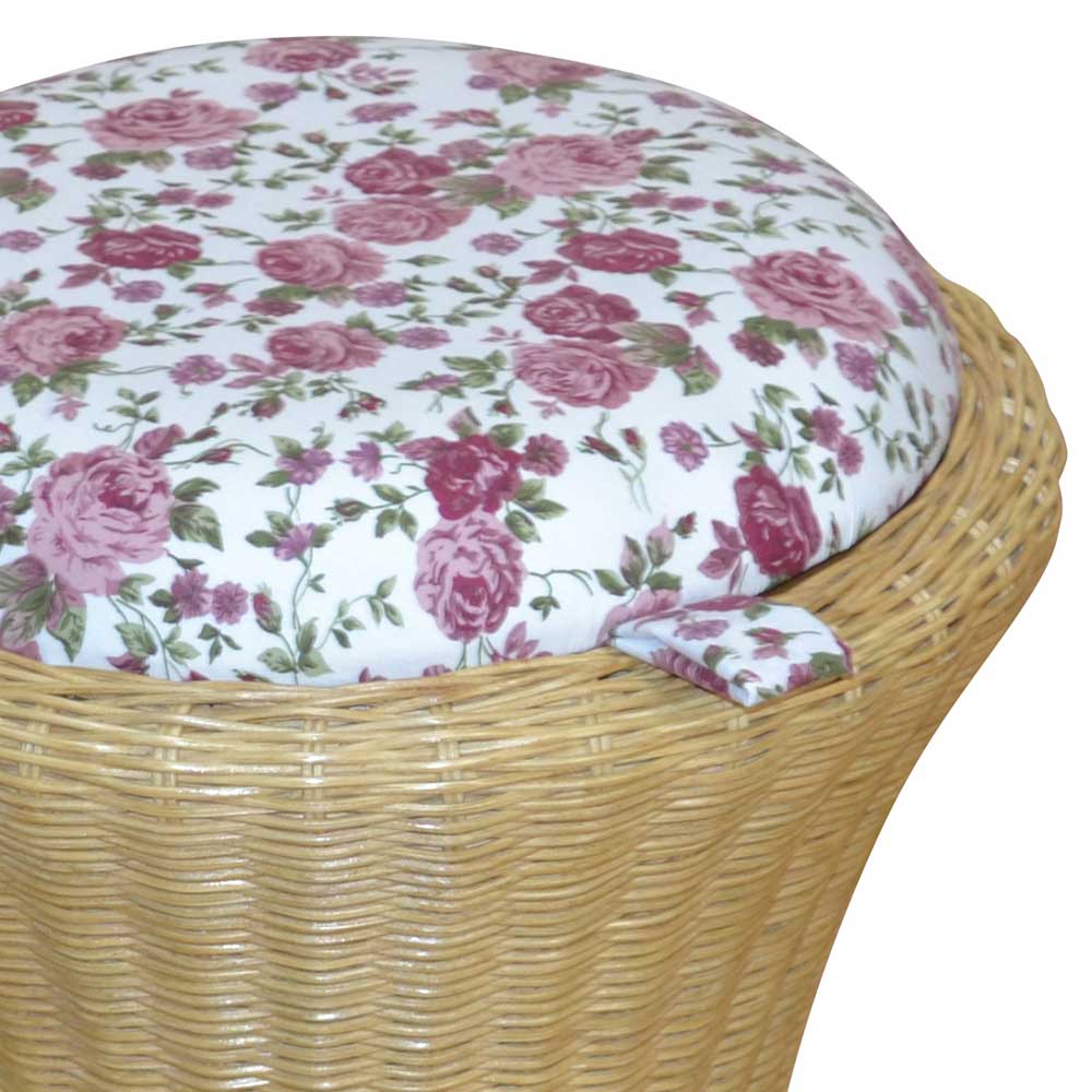 Rattan Wäschekorb & Hocker Ambros mit Polster Blumen-Motiv