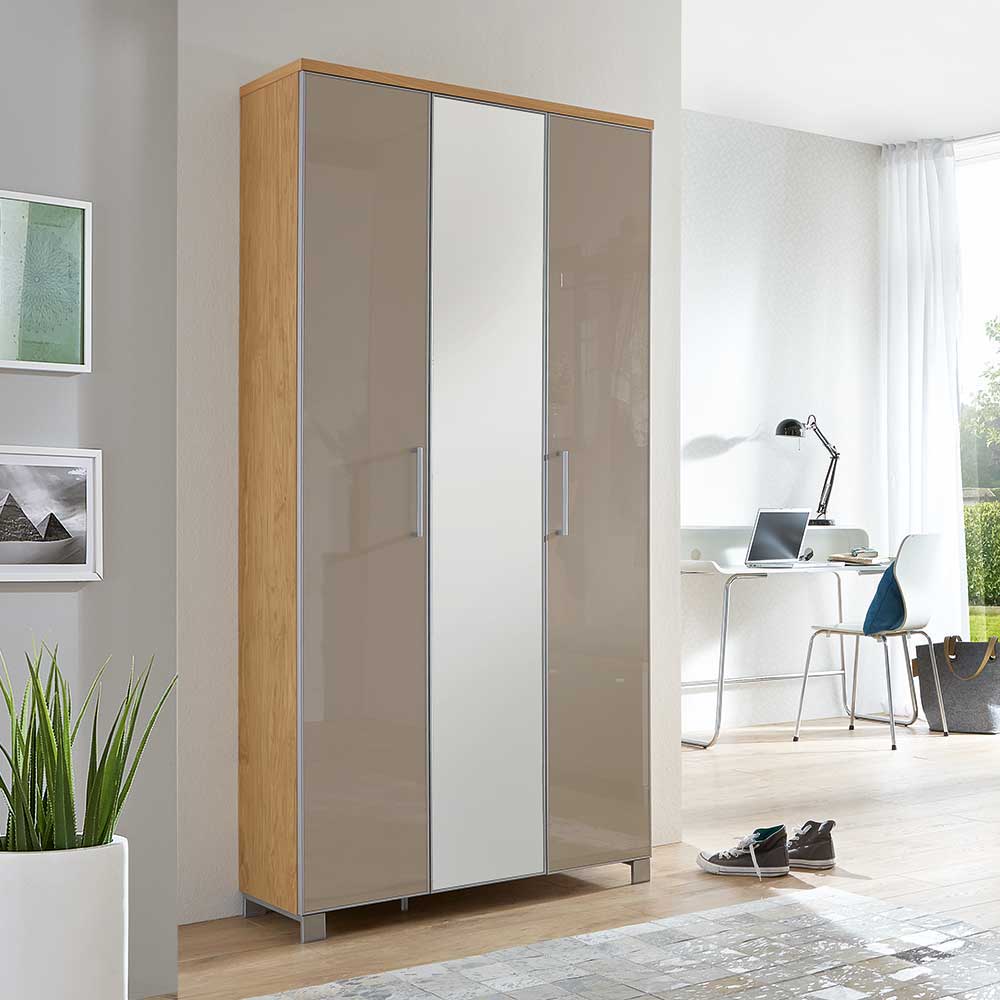 Dreitüriger Garderobenschrank in Taupe Glas und Holzoptik für den Flur – Diecca
