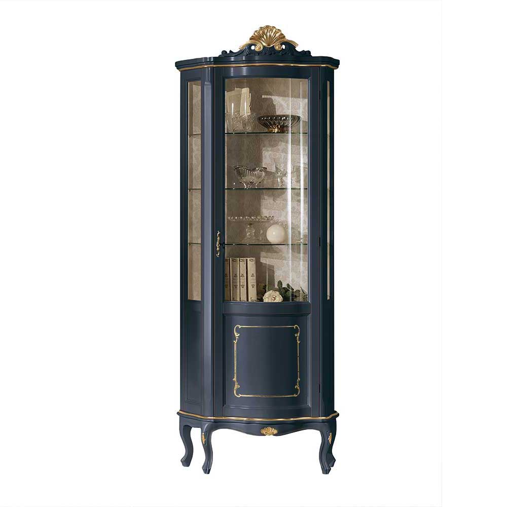 Elegante 1-türige Barock Vitrine in Dunkelblau mit Goldverzierungen und geschwungenen Beinen – Otaligo