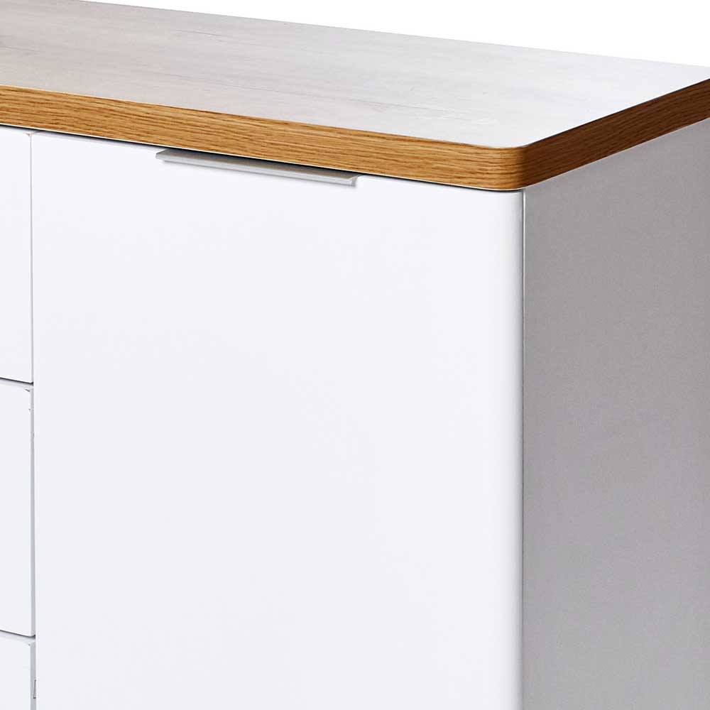 Integrierter Aluminiumgriff an der Tür des weißen Skandi Sideboards mit Holzplatte – Xuana