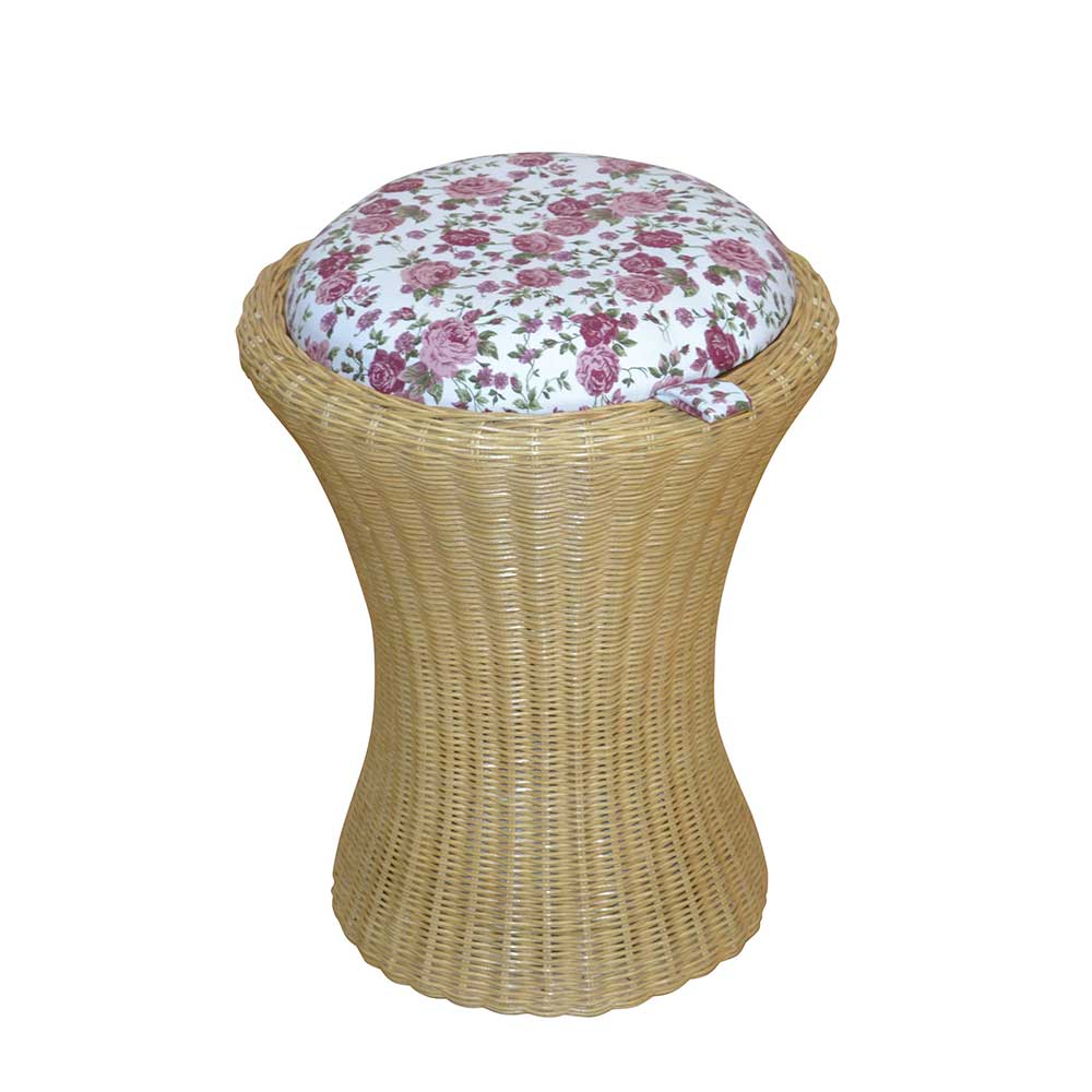 Rattan Wäschekorb & Hocker Ambros mit Polster Blumen-Motiv